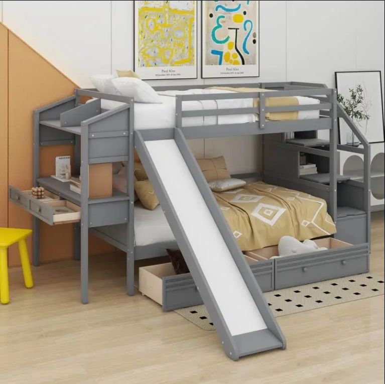 Solid Wood Twin Bunk Bed with Storage Staircase Slide Drawers for Modern Bedroom Use