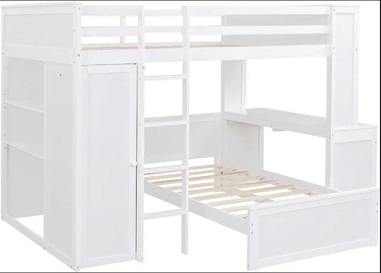 Bright Designs Solid Wood Twin Bunk Bed with Storage Shelves Desk Wardrobe-Stand-Alone Loft Bed for Kids Teens Adults
