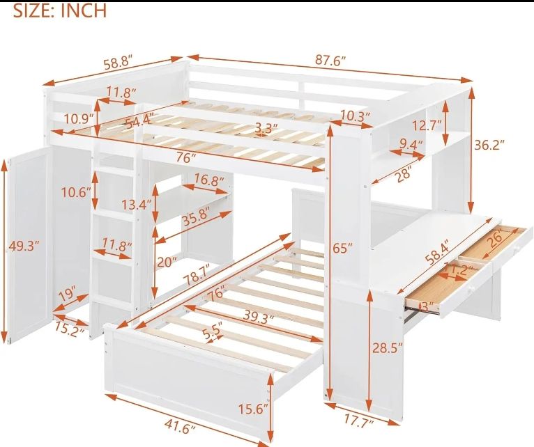 Bright Designs Solid Wood Twin Bunk Bed with Storage Shelves Desk Wardrobe-Stand-Alone Loft Bed for Kids Teens Adults