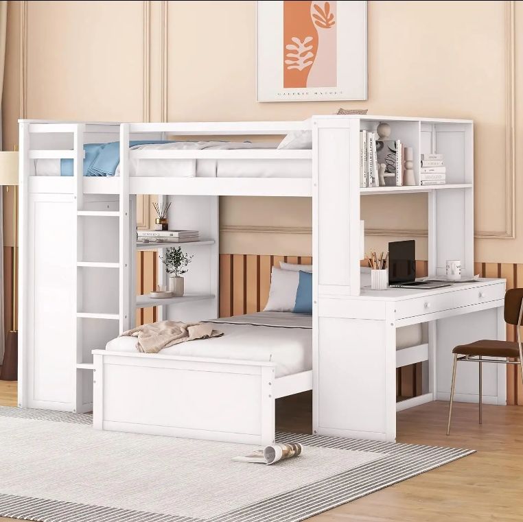 Bright Designs Solid Wood Twin Bunk Bed with Storage Shelves Desk Wardrobe-Stand-Alone Loft Bed for Kids Teens Adults