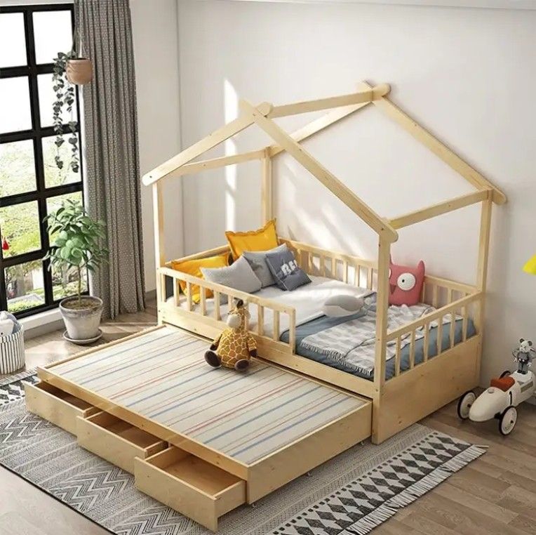 Twin size house-shaped platform wooden frame kids bunk bed pine wood house double bed for kids