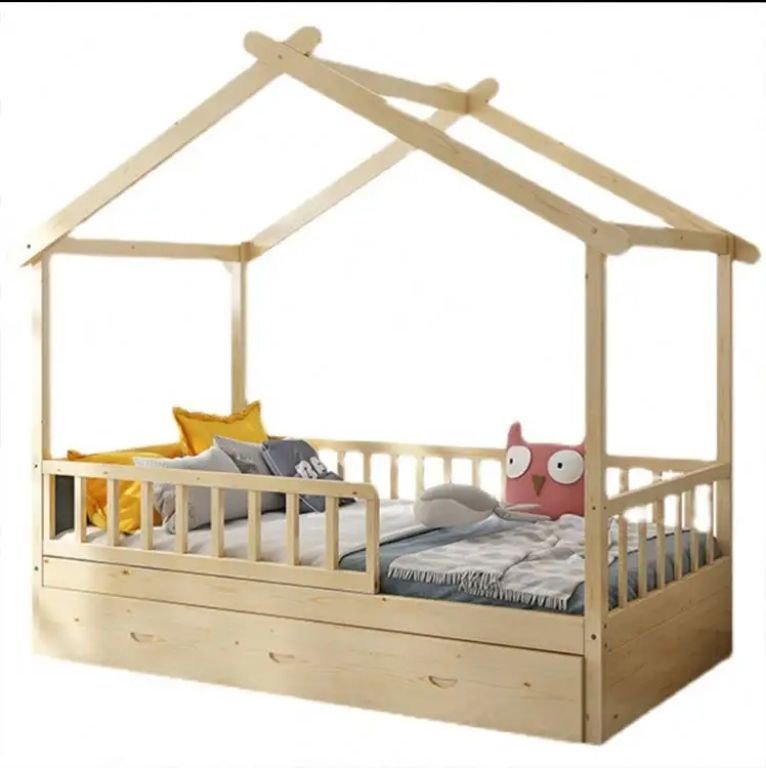 Twin size house-shaped platform wooden frame kids bunk bed pine wood house double bed for kids