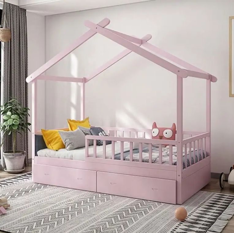 Twin size house-shaped platform wooden frame kids bunk bed pine wood house double bed for kids