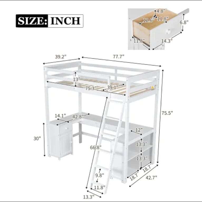 Modern Twin Size U-Shape Loft Bed with Desk Drawers Storage Shelves Solid Wood for Kids for School Hotel Use