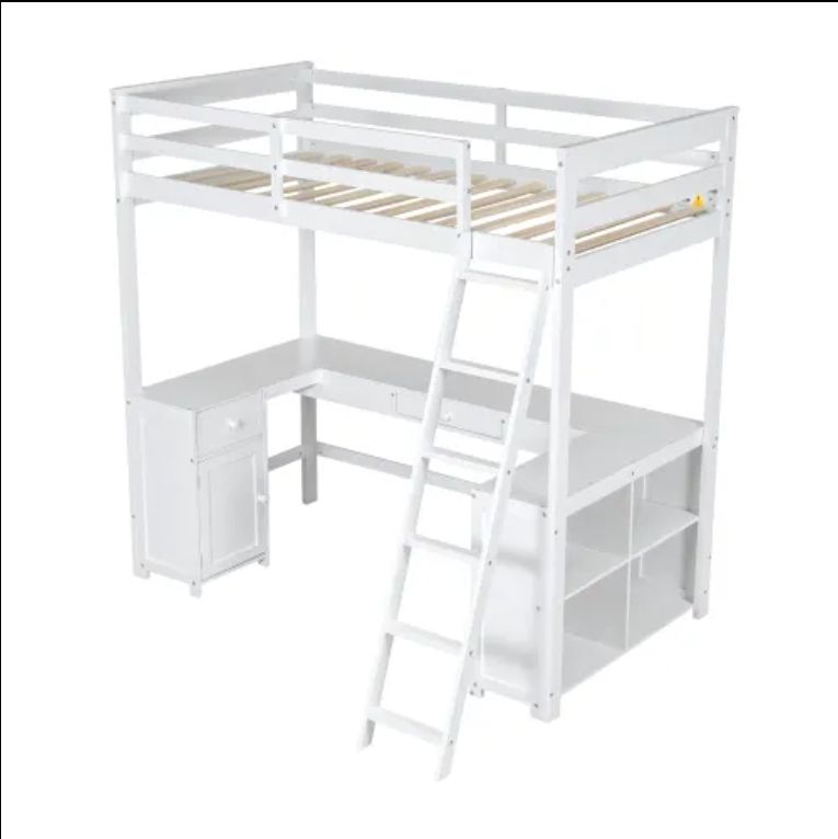 Modern Twin Size U-Shape Loft Bed with Desk Drawers Storage Shelves Solid Wood for Kids for School Hotel Use