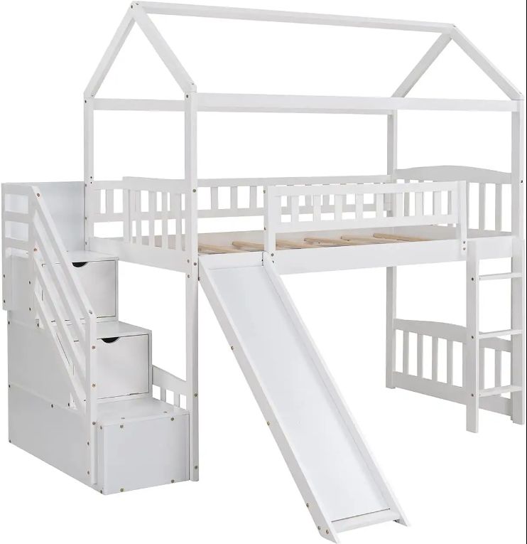 Deluxe Upgraded Loft Bed Frame for Kids King Size with Double Storage Drawers Thick Wooden Roof Guardrails Slides Staircase