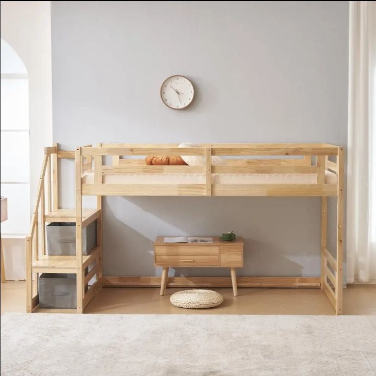 Nature Nordic Style Single Attic Bed with Low Wooden Staircase Storage for Kids' Bedroom with Attic System Bed
