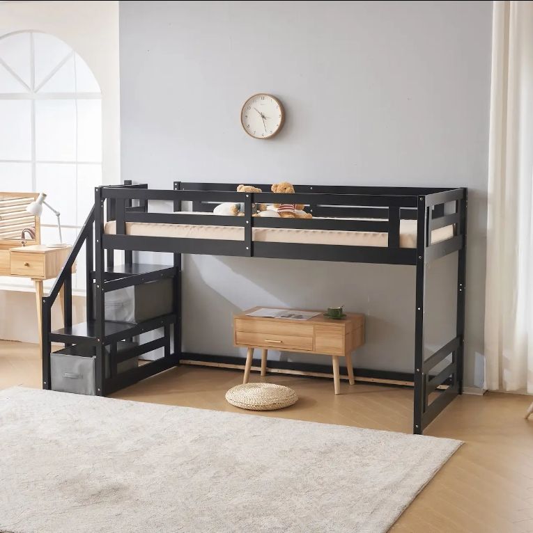 Nature Nordic Style Single Attic Bed with Low Wooden Staircase Storage for Kids' Bedroom with Attic System Bed