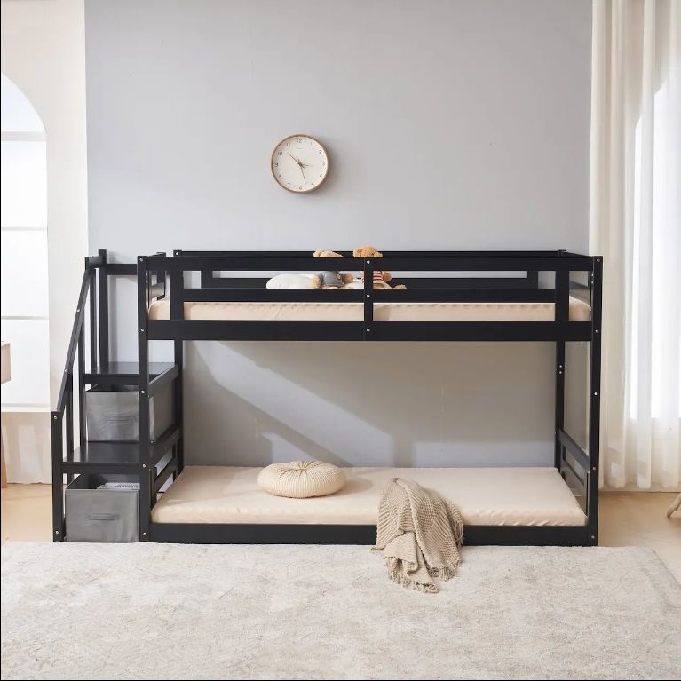 Nature Nordic Style Single Attic Bed with Low Wooden Staircase Storage for Kids' Bedroom with Attic System Bed