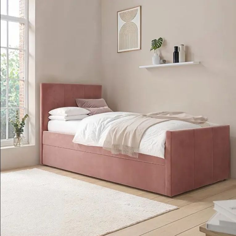 Modern Style Single Guest Bed with 2 Pink Upholstered Mattresses Reclining Wood Panel Trundle Elegant Guest Bedroom Furniture