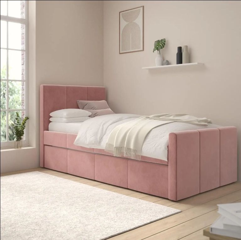 Modern Style Single Guest Bed with 2 Pink Upholstered Mattresses Reclining Wood Panel Trundle Elegant Guest Bedroom Furniture