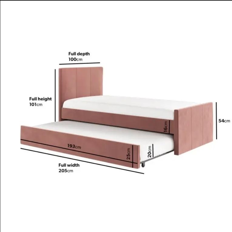 Modern Style Single Guest Bed with 2 Pink Upholstered Mattresses Reclining Wood Panel Trundle Elegant Guest Bedroom Furniture