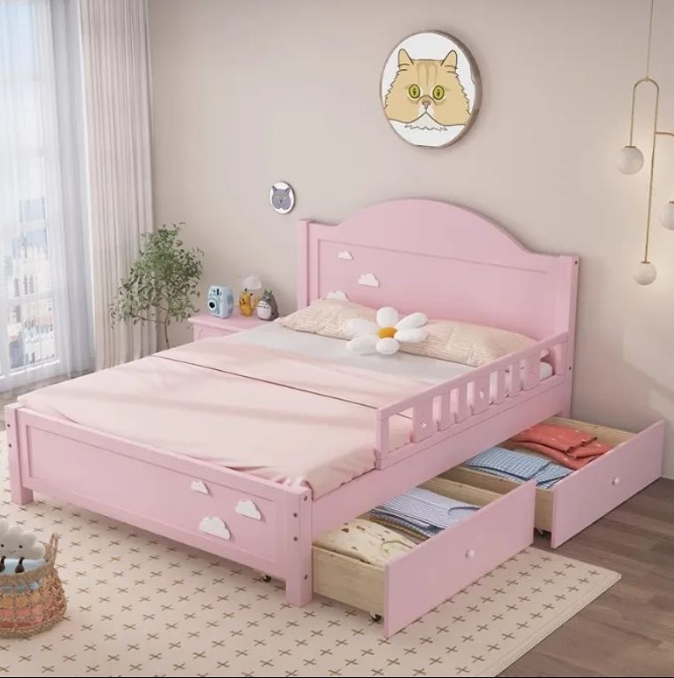 Internet Famous Cartoon Single Kids Bed Solid Wood Economy Wide Edge Foldable Drawer Boy Girl's Modern School Bedroom Princess