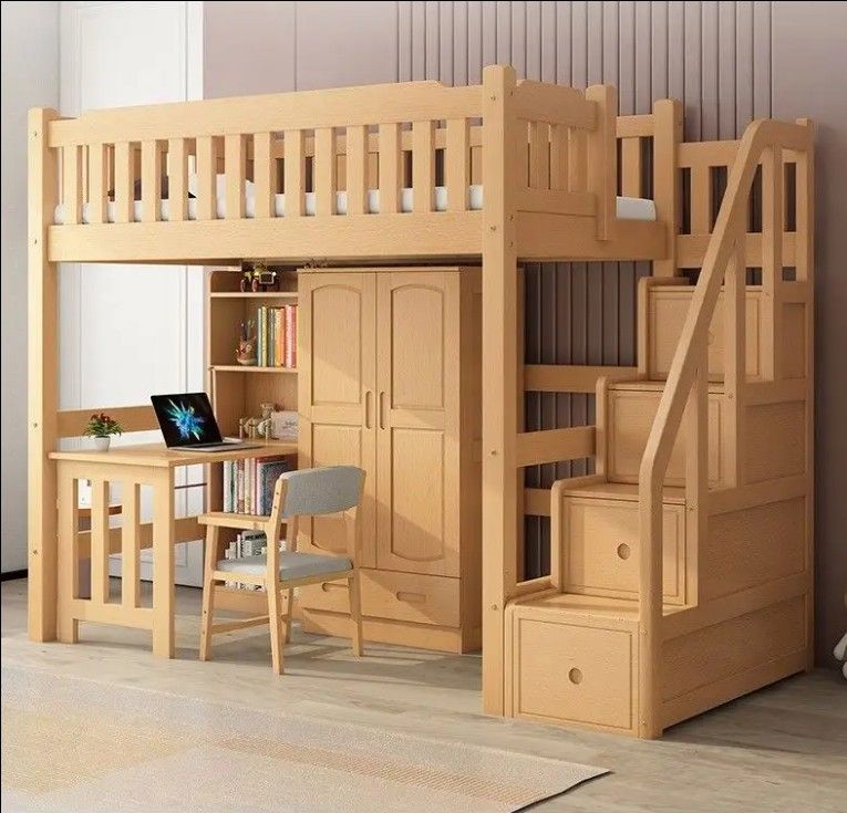 Bed under table high and low bed with desk dormitory solid wood elevated bed for children
