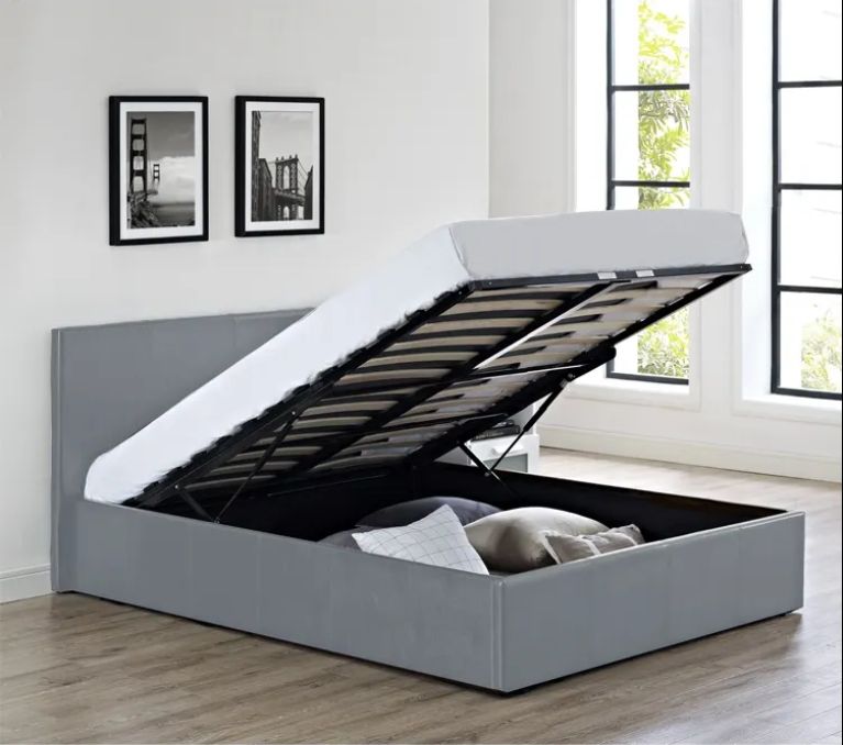 Modern light gas lift up faux leather ottoman king queen double storage velvet bed with storage