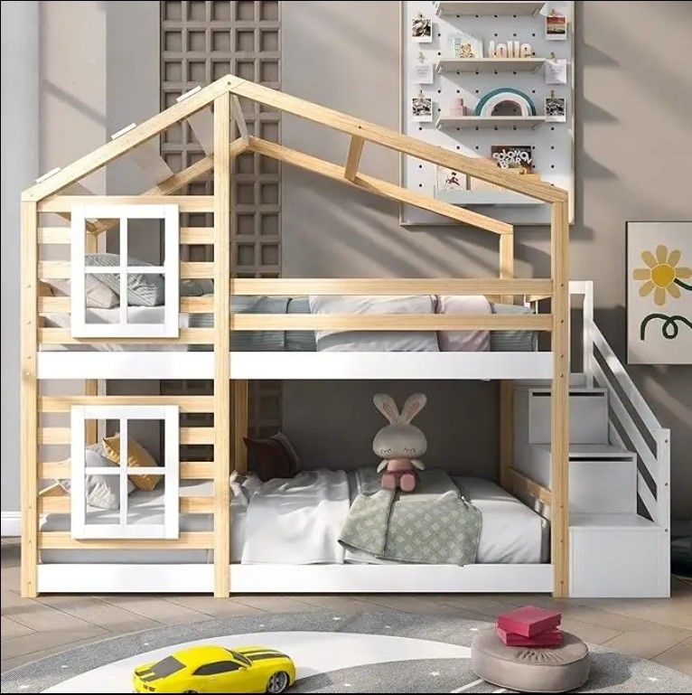 Children's Storage House Bed Window Loft Bed with Fall Protection Slatted Base Floor Bed