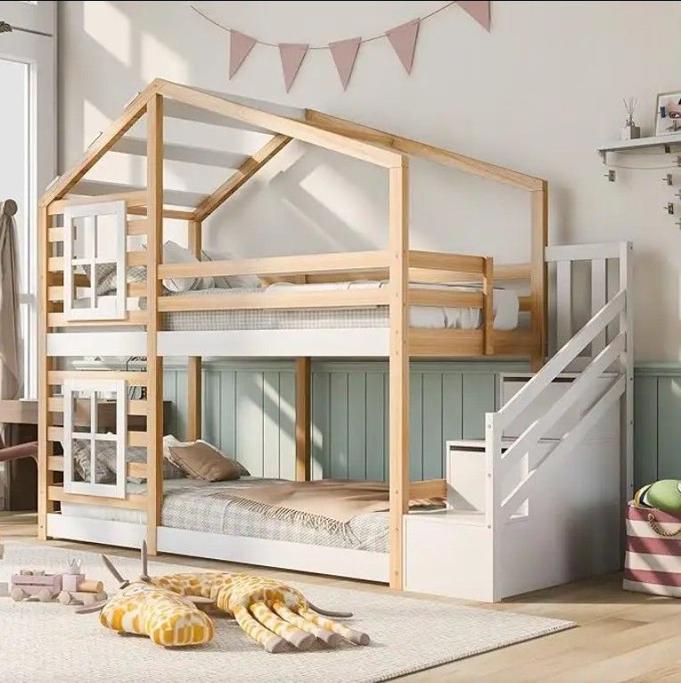 Children's Storage House Bed Window Loft Bed with Fall Protection Slatted Base Floor Bed