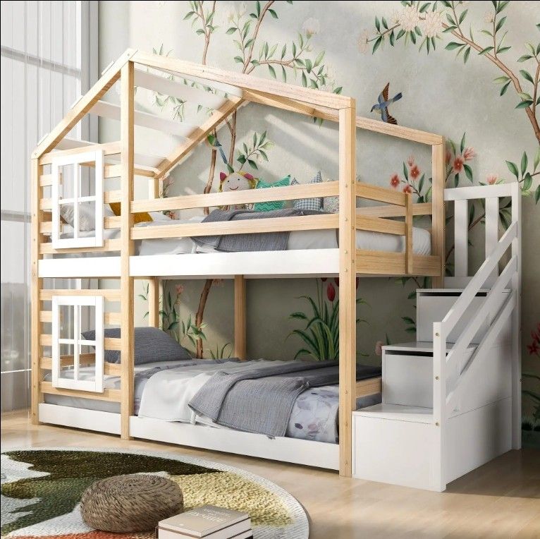 Children's Storage House Bed Window Loft Bed with Fall Protection Slatted Base Floor Bed