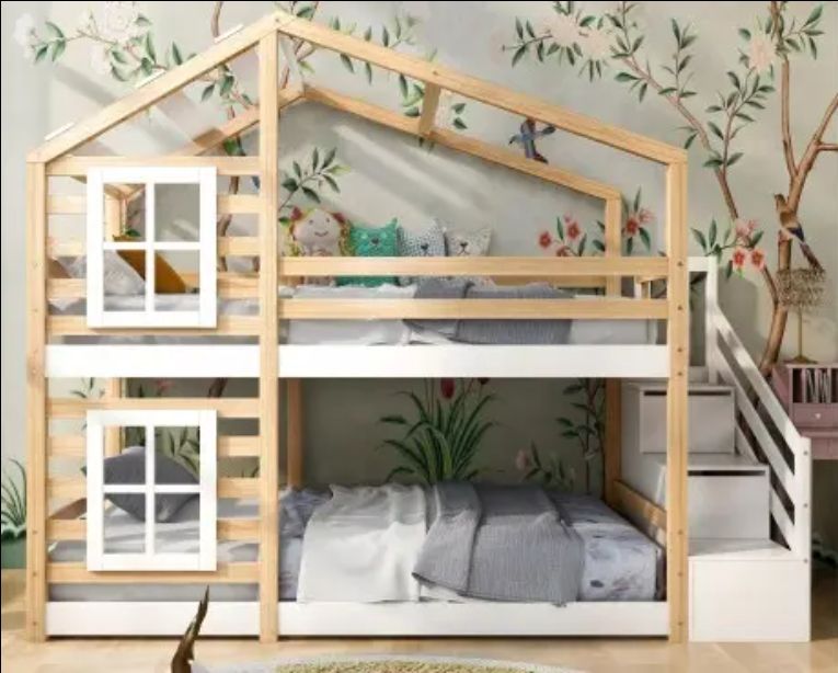 Children's Storage House Bed Window Loft Bed with Fall Protection Slatted Base Floor Bed