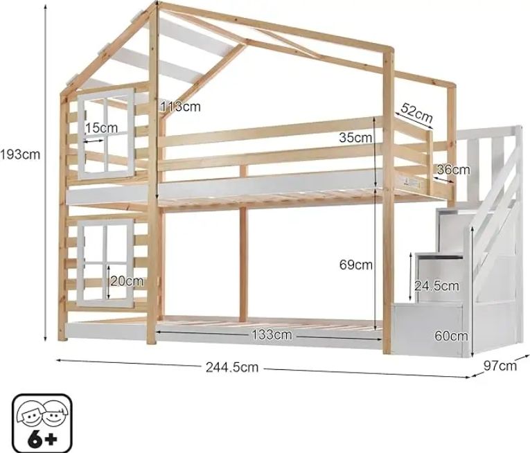 Children's Storage House Bed Window Loft Bed with Fall Protection Slatted Base Floor Bed