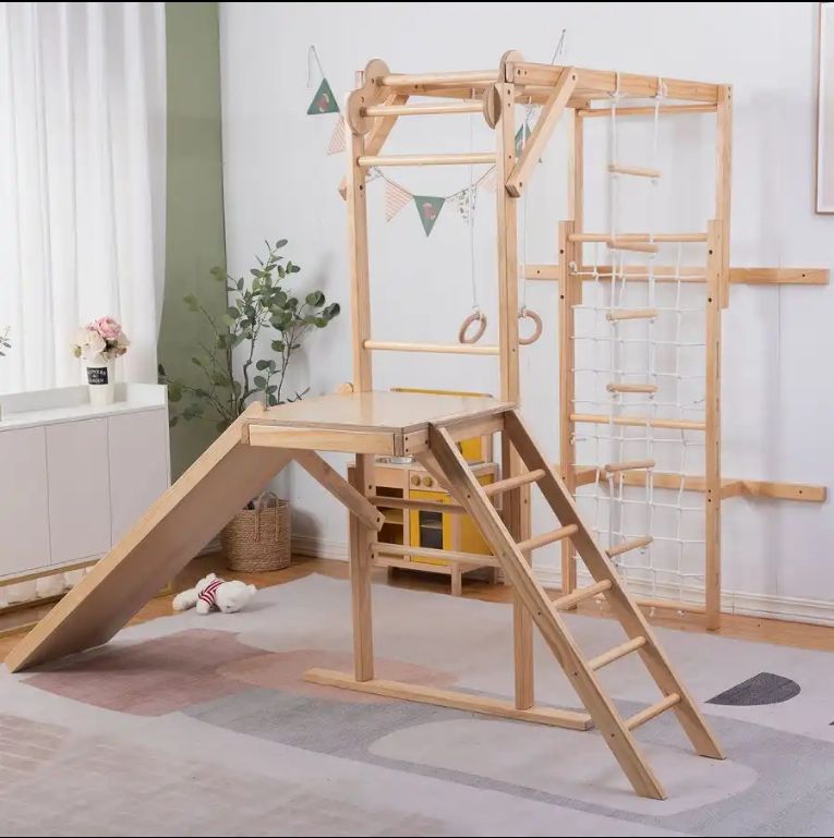 Solid Wood Indoor Climbing Frame Sensory Integration Slide and Swing Jungle Gym with Sensory Features