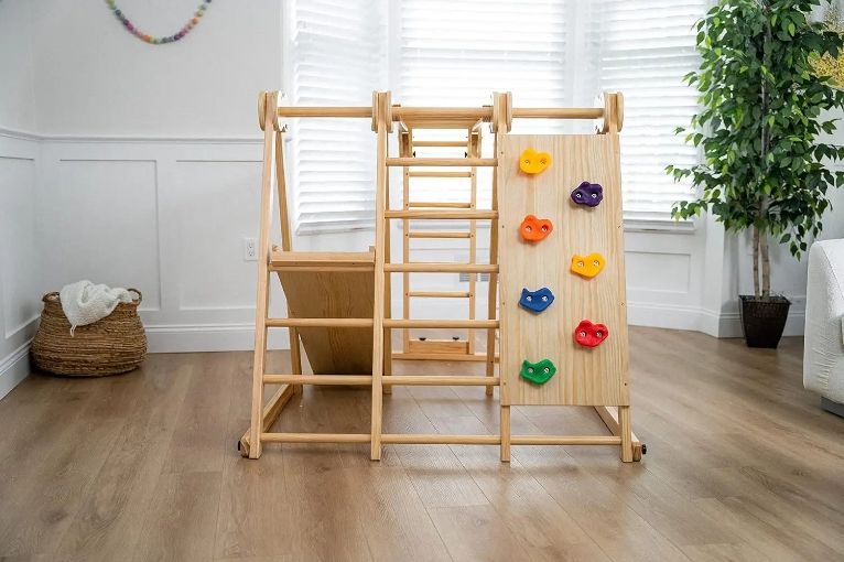 Innovative 7-in-1 Foldable Indoor Play set for Kids 2-6 Jungle Gym with Slide Climb Wall Monkey Bars Swing Climbing Frames