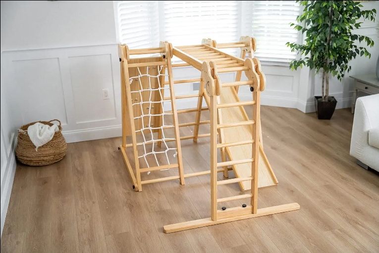 Innovative 7-in-1 Foldable Indoor Play set for Kids 2-6 Jungle Gym with Slide Climb Wall Monkey Bars Swing Climbing Frames