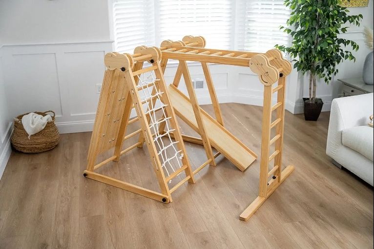 Innovative 7-in-1 Foldable Indoor Play set for Kids 2-6 Jungle Gym with Slide Climb Wall Monkey Bars Swing Climbing Frames