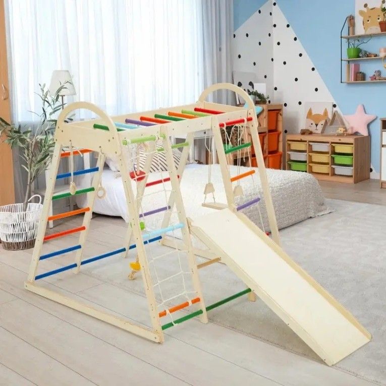8-in-1 Indoor Playground Jungle Gym for Toddlers Wood Rope Ladder Monkey Bar Swing Slide Kids' Climbing Frames All Wooden Toys
