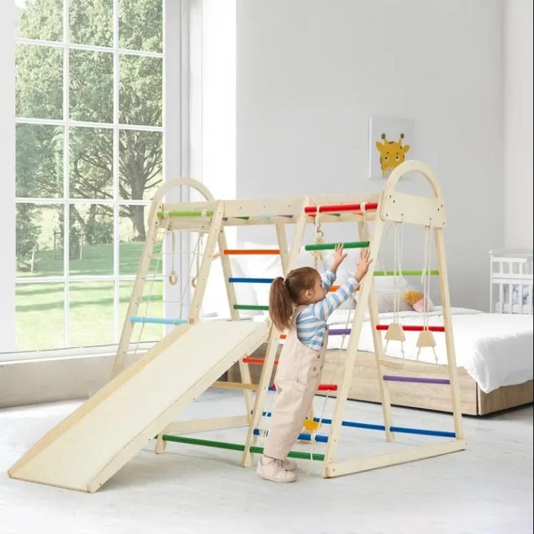 8-in-1 Indoor Playground Jungle Gym for Toddlers Wood Rope Ladder Monkey Bar Swing Slide Kids' Climbing Frames All Wooden Toys