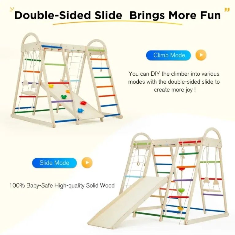 8-in-1 Indoor Playground Jungle Gym for Toddlers Wood Rope Ladder Monkey Bar Swing Slide Kids' Climbing Frames All Wooden Toys