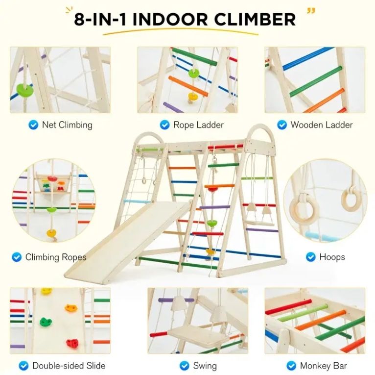 8-in-1 Indoor Playground Jungle Gym for Toddlers Wood Rope Ladder Monkey Bar Swing Slide Kids' Climbing Frames All Wooden Toys