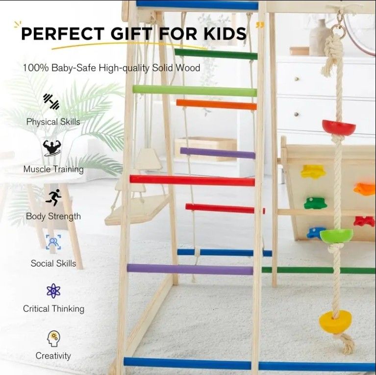 8-in-1 Indoor Playground Jungle Gym for Toddlers Wood Rope Ladder Monkey Bar Swing Slide Kids' Climbing Frames All Wooden Toys