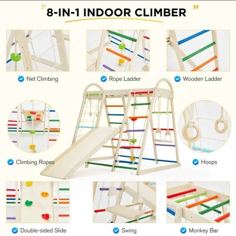 8-in-1 Indoor Playground Jungle Gym for Toddlers Wood Rope Ladder Monkey Bar Swing Slide Kids' Climbing Frames All Wooden Toys