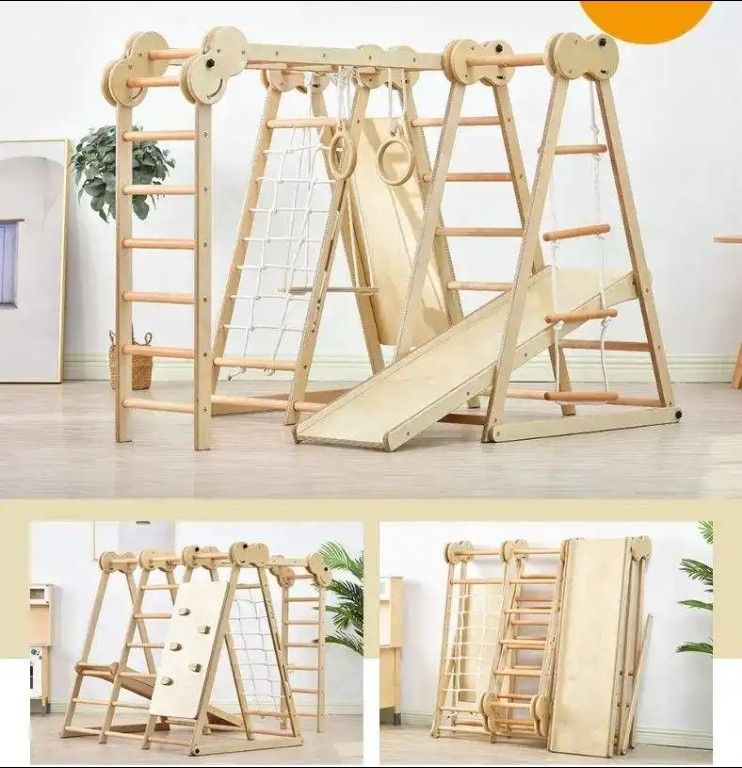 Natural Wood Indoor/Outdoor Kids Climbing Frame Gym Toy Equipment-Wooden Jungle Gym