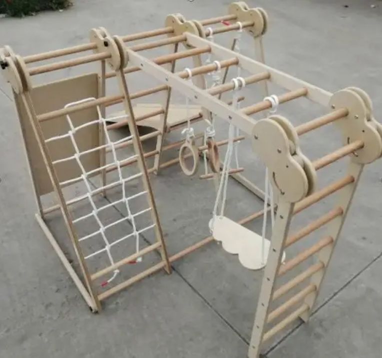 Natural Wood Indoor/Outdoor Kids Climbing Frame Gym Toy Equipment-Wooden Jungle Gym