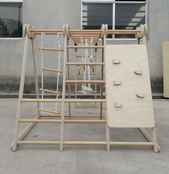 Natural Wood Indoor/Outdoor Kids Climbing Frame Gym Toy Equipment-Wooden Jungle Gym