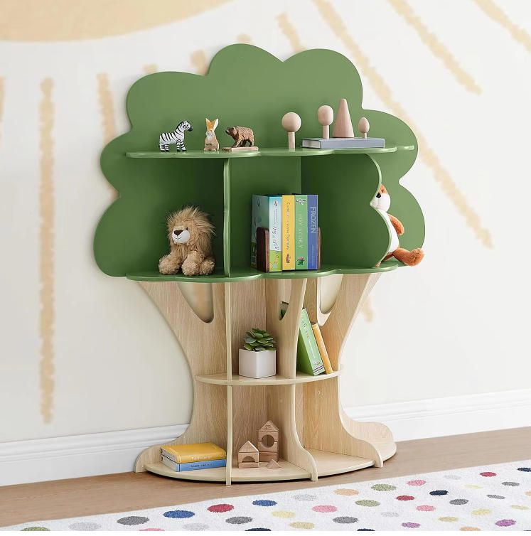 Kids Furniture Children's Wood Tree Bookcase with Multiple Shelf Sizes for Displaying Keepsakes and Providing Plenty of Room