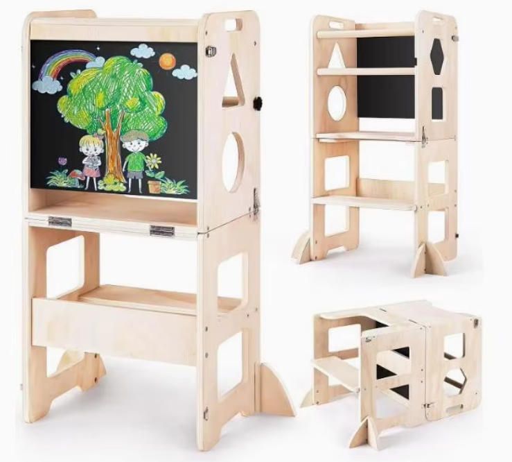 Multifunctional Foldable Wooden Learning Tower Children's Climbing Frame for Home and Drawing Children's Tower Stool