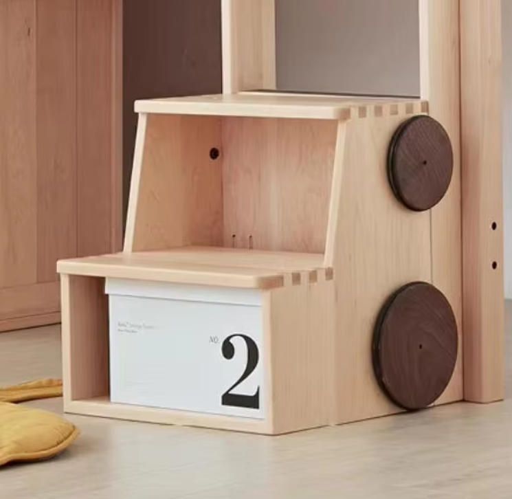 Multi-functional Solid Wood Ladder Stool Bedside Cabinet with Pull-out Cart and Book Storage