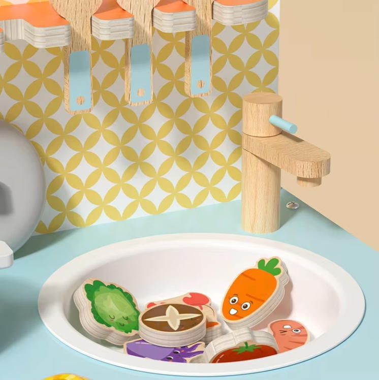 Multi-Functional Play House Simulation Wooden Kitchen Set Toy with Cooking Stove Doll and Room Layout for Role-Playing