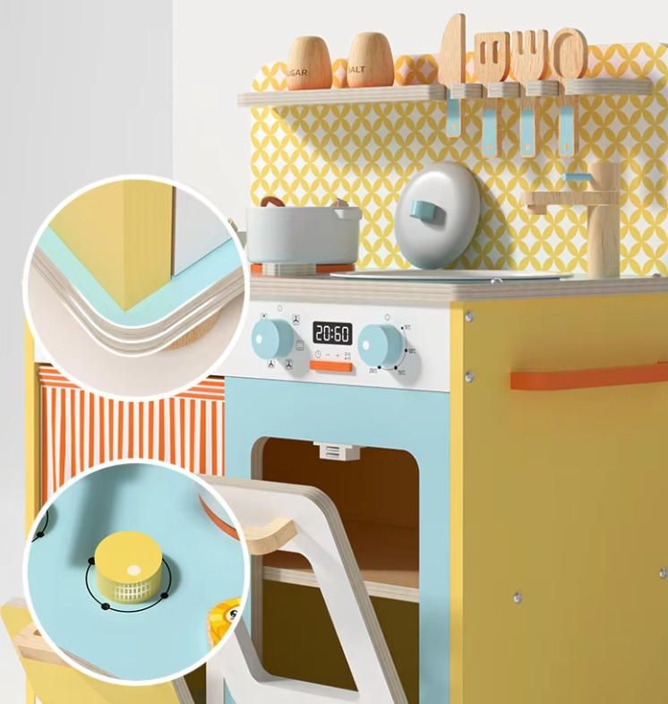 Multi-Functional Play House Simulation Wooden Kitchen Set Toy with Cooking Stove Doll and Room Layout for Role-Playing