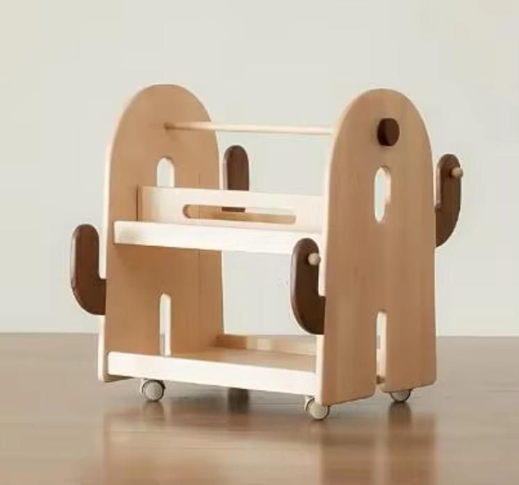 Solid Wood Rolling Bookshelf for Kids Double Sided Chalkboard Picture Book Display Toy Organizer for School Bedroom Living Room