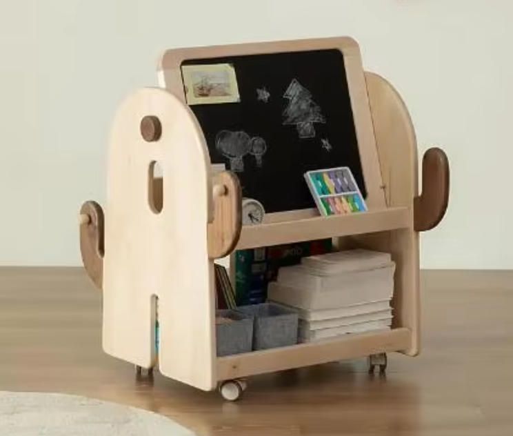 Solid Wood Rolling Bookshelf for Kids Double Sided Chalkboard Picture Book Display Toy Organizer for School Bedroom Living Room