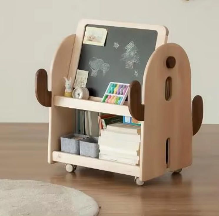 Solid Wood Rolling Bookshelf for Kids Double Sided Chalkboard Picture Book Display Toy Organizer for School Bedroom Living Room