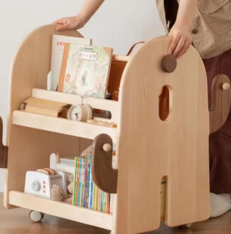 Solid Wood Rolling Bookshelf for Kids Double Sided Chalkboard Picture Book Display Toy Organizer for School Bedroom Living Room
