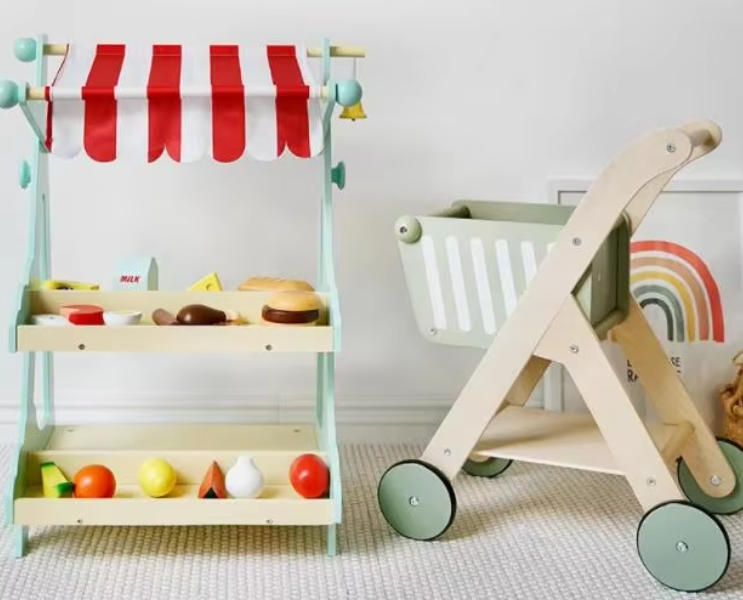 Wooden Toy Shop Cart with Realistic Cash Register - Kids Pretend Play Supermarket for Kindergarten