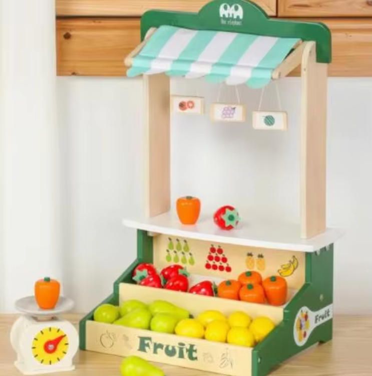 Wooden Toy Shop Cart with Realistic Cash Register - Kids Pretend Play Supermarket for Kindergarten