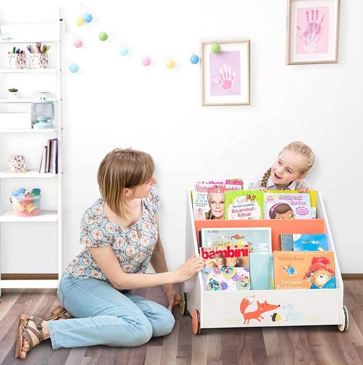 Bookcase on Wheels for Kids Toddler Toy Storage Unit Wooden Toy Box Creative Bookcase with Cute Animal Patterns