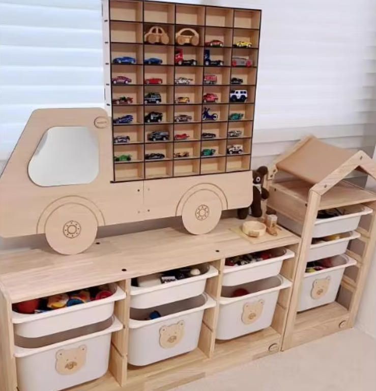 Modern Wood Wall-Mounted Toy Car Storage Shelf Multi-Grid Display Cabinet for Blind Box Animal Figures for School